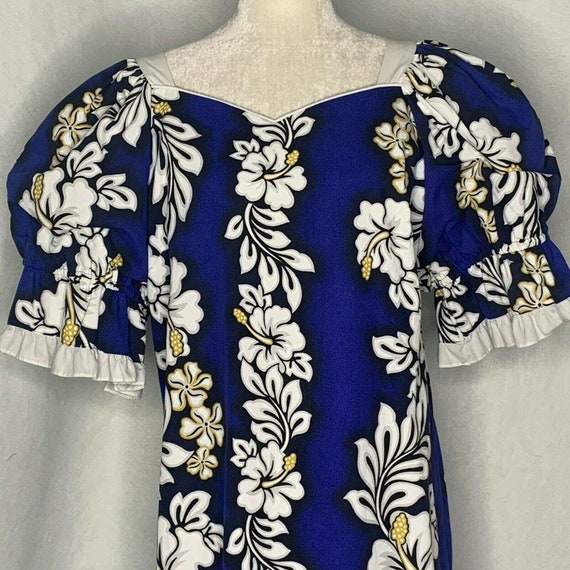 Vintage 80s Hawaiian Dress XL Blue Hibiscus Aloha