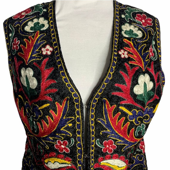 Vintage 60s Uzbek Textile Embroidered Vest S Black Su… - Gem