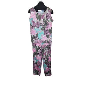 Vintage 70s 2 Pce Pants Suit Sleeveless Top Geometric Womens Size L Pink Polyester