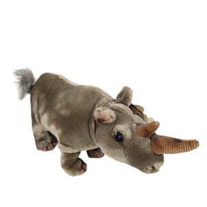 May include: A plush gray rhinoceros toy with a brown horn. The toy has a small tail and is standing on all fours.