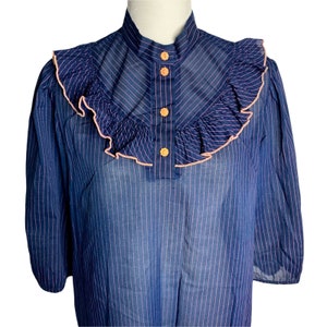 Vintage Pin Stipe Nightgown Dress S Blue Pink Buttons Half Sleeve Elastic Ruffle
