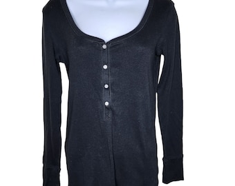 Vintage Y2K Victorias Secret Thermal Henley Button Top Shirt Dames Maat M Zwart