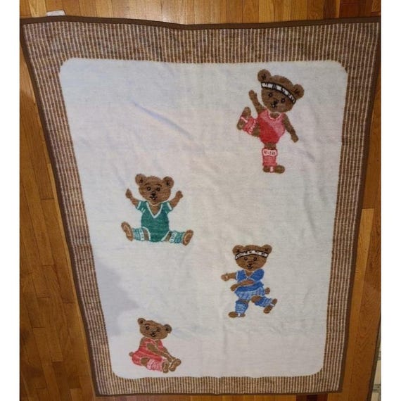 Vintage Biederlack Dancing Exercise Teddy Bear Throw Blanket