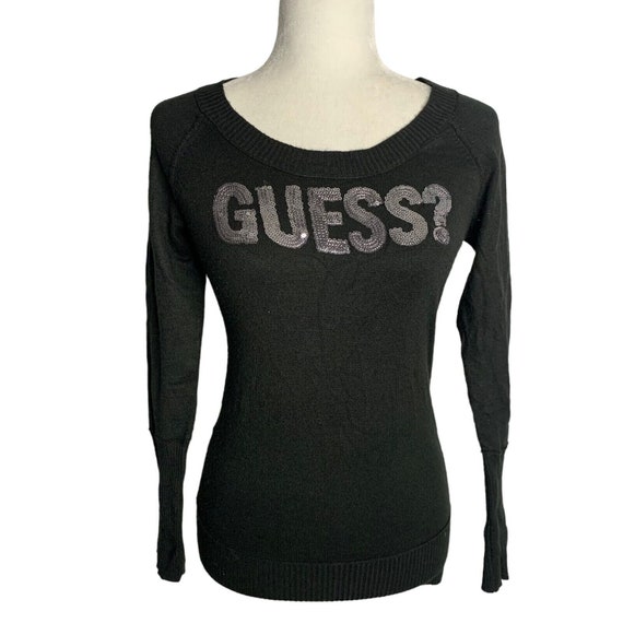 Vintage Guess Sequin Spell Out Sweater L Black Pu… - image 1
