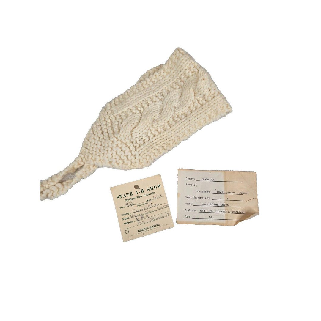 Vintage 1940s 4H Entry Michigan Womens Knit Hat Muff Off White Vintage 1940s 4H Entry Michigan Womens Knit Hat Muff off  main image 4