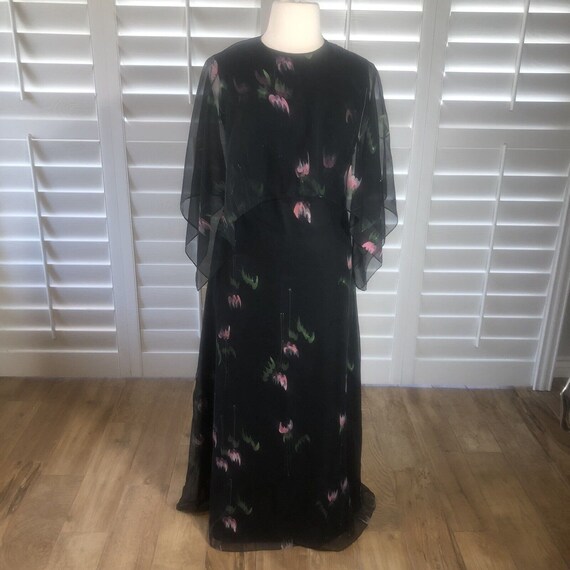 Vtg 80s Black Chiffon Floral Floor Length Dress L… - image 2