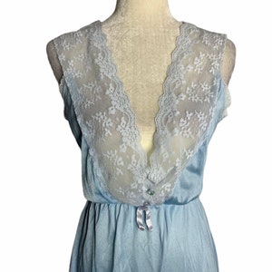 Vintage Full Length Nylon Nightgown M Blue Sleeveless Lace Trim V Neck
