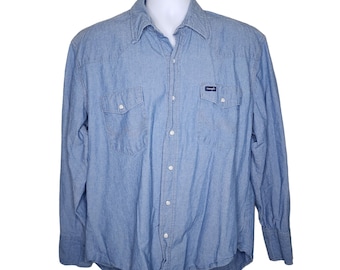 Wrangler Long Sleeve Pearl Snap Western Denim Shirt Mens Size XL Blue Jean