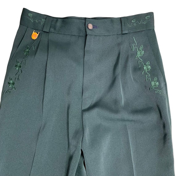 Vintage 70s High Waisted Embroidered Pants S Gree… - image 2