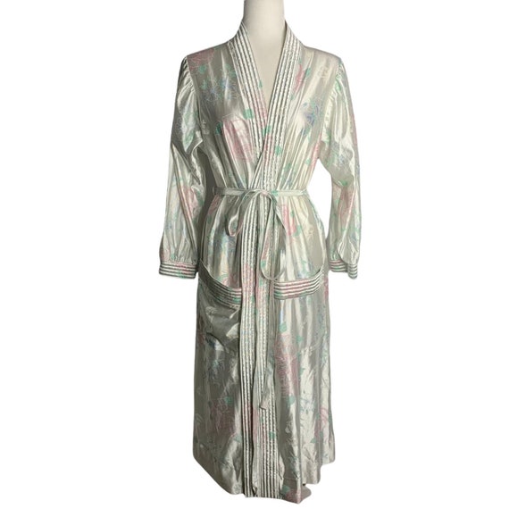 Vintage Floral Robe Dressing Gown M White Satin P… - image 2