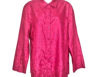 Vintage Clothes Womens Shirt XL Pink Floral Embroidered Long Sleeve Button Up