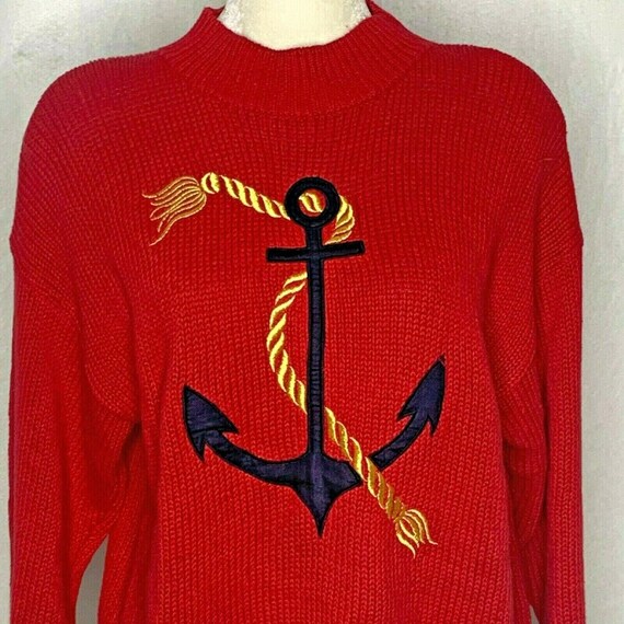Vintage 80s Knit Pullover Sweater L Red Anchor Na… - image 2