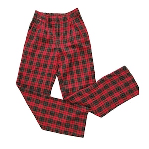 Vintage 80s Red Black Green Plaid Pleated High Waist Trouser Pants M Punk Funky