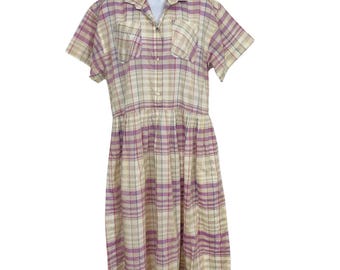 Vestido camisero vintage de los años 80 para mujer, de día, morado, a cuadros, midi, de manga corta