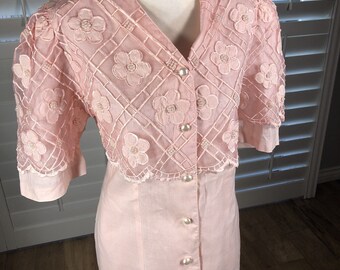 Vtg 80s Pink 2 PC 100% Linen Skirt Set 16 Beaded Chiffon Overlay Easter Dress