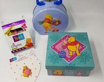 Vintage Disney Pooh Pin Gift Box Crayons Lunch Box Desk Set New Lot 4