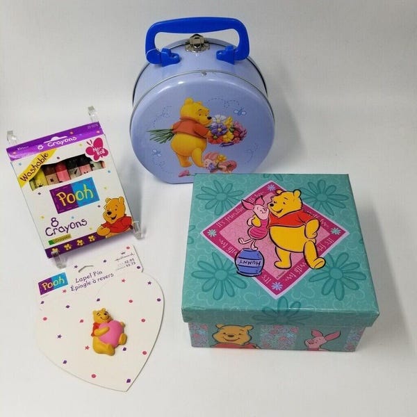 Spilla vintage Disney Pooh, scatola regalo con pastelli, portapranzo e set da scrivania, nuovo lotto 4