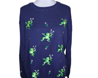 Vintage 70s Tree Frog Embroidered Sweater Womens Size XL Blue