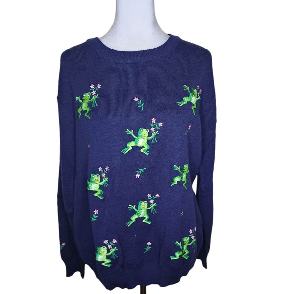 Vintage 70s Tree Frog Embroidered Sweater Womens Size XL Blue