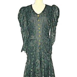 Vintage 80s Lace Dress M Black Puff Sleeve V Neck Gothic Wedding Goth Witchy