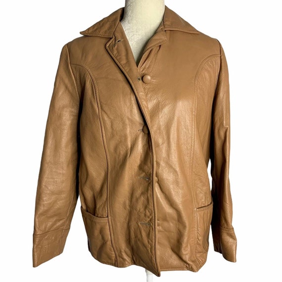 Vintage 70s Soft Leather Jacket S Brown Pockets R… - image 1