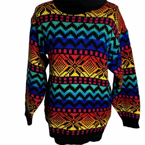 Vintage Pullover Turtleneck Ski Sweater M Rainbow… - image 3