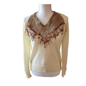 Vintage Miller 70&#39;s Off White Knit Suede Fringe Sweater Beaded Boho Western