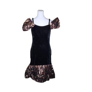 Vintage 80s Puff Sleeve Velvet Party Dress Womens Size XS Black Gold
