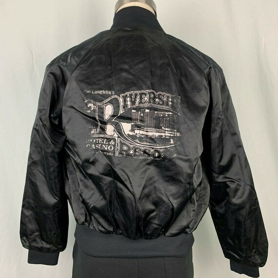Vintage 80s Riverside Hotel Casino Satin Bomber Jacket S Black