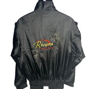 Vintage 80s Riviera Las Vegas Satin Bomber Jacket Mens XL Black Embroidered
