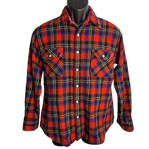 Vintage 80s Wool Button Up Shirt Shacket L Red Plaid Flannel Long Sleeve Pocket