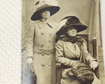 Antique RPPC Real Photo Postcard Victorian Ladies Fashion Big Hats Original