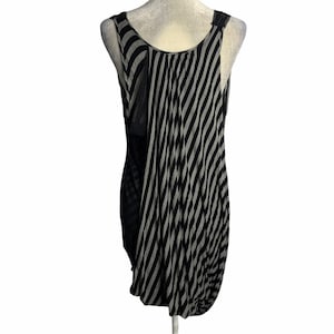 Vintage Y2K BCBG Bodycon Dress Womens M Black Gray Striped Draped Mesh Overlay