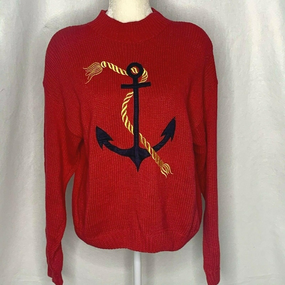 Vintage 80s Knit Pullover Sweater L Red Anchor Na… - image 1