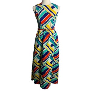 Vintage 70s Sleeveless Maxi Dress S Multi Bright Geometric