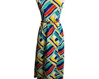 Vestido largo vintage de los años 70 sin mangas con estampado geométrico multicolor brillante talla S