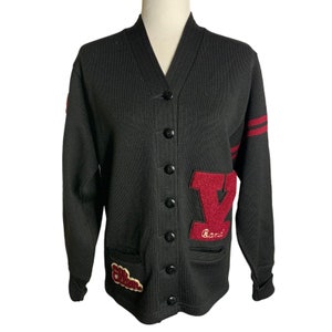 Vintage 50s Varsity Cardigan Sweater M Black Worsted Wool Buttons Pockets Band