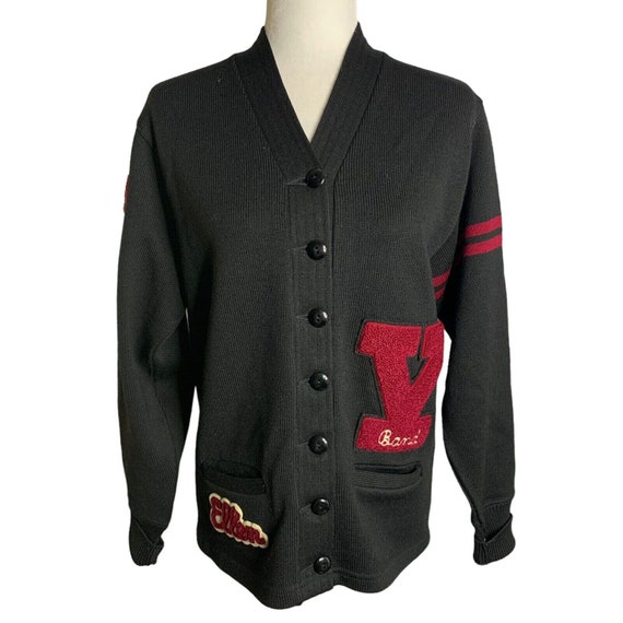 Vintage 50s Varsity Cardigan Sweater M Black Wors… - image 1