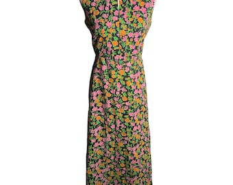 Vintage jaren 60 mouwloze schede jurk L zwarte bloemen hoge hals split V-rits