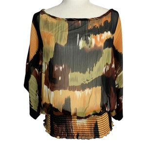Vintage Y2K Kimono Dolman Sleeve Blouse M Brown Black Sheer Shirred Waist