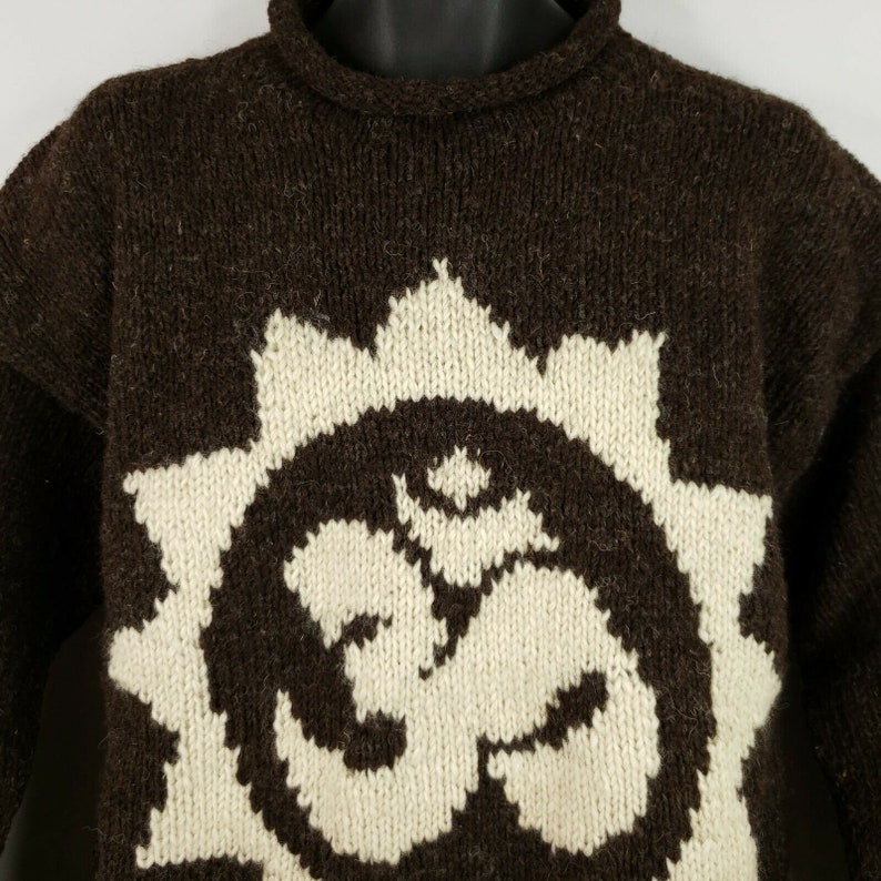 Vintage 90s Does 70s Brown Beige Hand Knit Wool Sweater L Om Symbol Sun Namaste