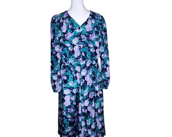 Vintage 80s Long Sleeve Blouson Dress Womens Size M Blue Purple Floral Modest