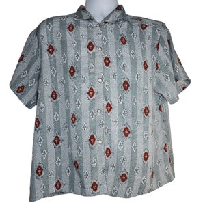 Puede incluir: Una camisa de manga corta con botones, con un patrón de rayas azules y blancas y detalles florales rojos.