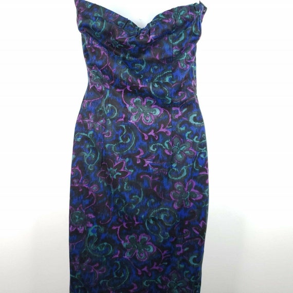 Vintage Floral Halter Wiggle Dress S Black Blue P… - image 5