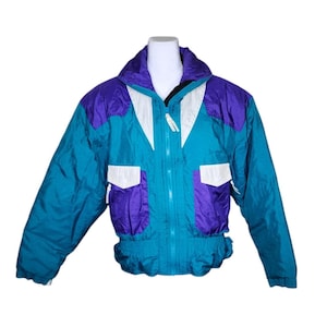 Vintage 80s Edelweiss Ski Puffer Jacket Womens M Teal Purple White Colorblock