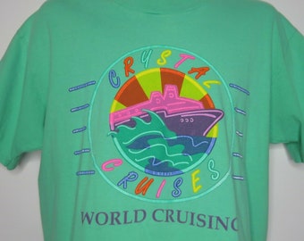 Vintage 90s Crystal Cruises TShirt L Green Neon Puffy Paint Made In USA Graphic