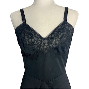 Vintage 50s Lingerie Nylon Slip S Black Lace Sweetheart Midi Length