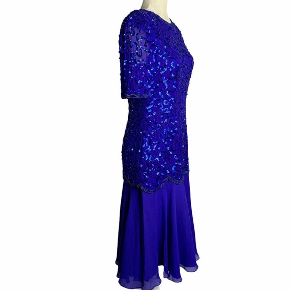 Vintage Sequin Beaded Evening Dress S Blue Silk C… - image 4