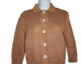 Vintage 70s Saks Cardigan Sweater Womens Size Small Brown Tan Pure Cotton