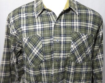 Vintage Haband L Green Navy Blue Plaid Flannel Shirt Grunge Lumberjack